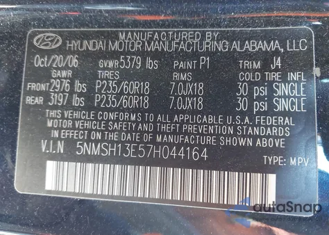 2007 Hyundai Santa Fe Limited/Se из США, поврежденный, VIN 5NMSH13E57H044164